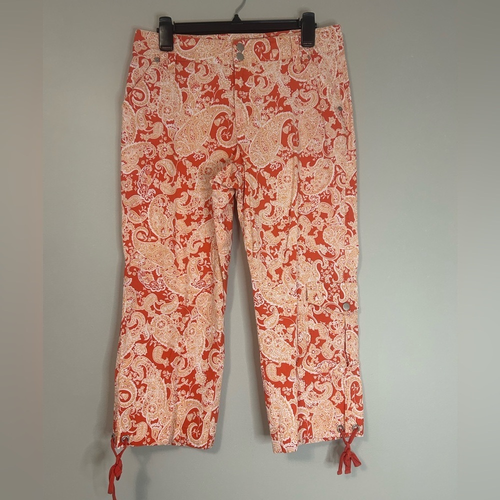 Coldwater Creek Orange and Cream Paisley Cropped Pants, Size 10